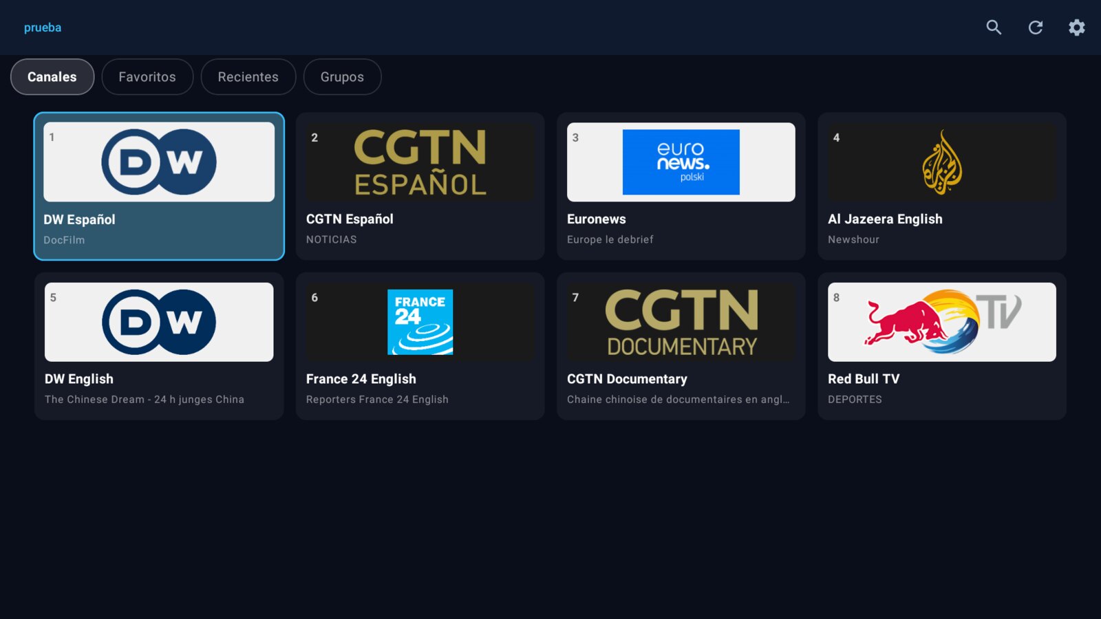 La grilla de canales, cada uno con su logo y lo que están dando